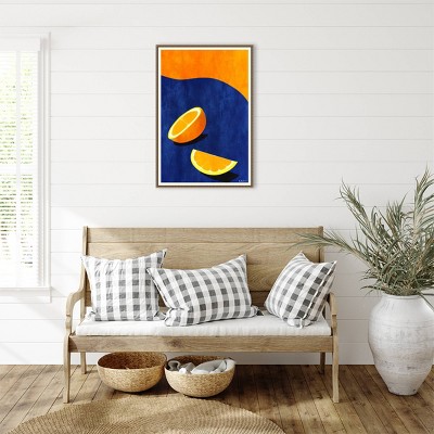 Large Orange and Blue Abstract Citrus Canvas Art with Beaded Frame