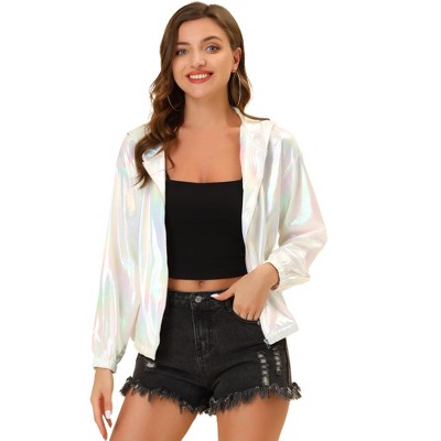 INSPIRE CHIC Women's Holographic Shiny Long Sleeve Zipper Hooded Metallic Jacket