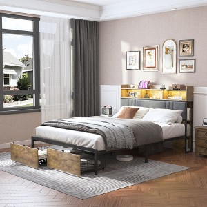 XIYUYEU Queen/King Size Upholstered Platform Bed Frame with Storage Headboard,2 Drawers,Charging Station and LED Light,Brown - 1 of 4