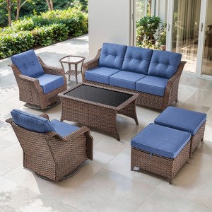 POCASSY 6" Thick Cushion Patio Furniture Set, Brown Wicker Outdoor Conversation Set with Swivel Chairs Tempered Glass Top Coffee Table and Ottoman - 1 of 4
