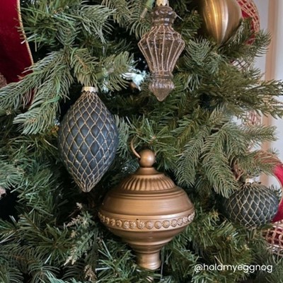 5.5"H and 4"H Evergreen Glass Ball Ornaments with Gold Accents - Set of 2