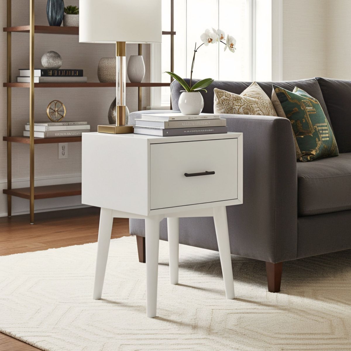 Flynn Mid-Century End Table in White | Alpine Furniture