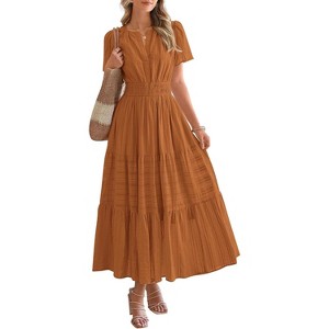 Women's 2025 Summer Casual Midi & Maxi Dress - Lightweight V-Neck Boho Beach Dress with Elastic Waist & Pockets Brown Orange - 1 of 4