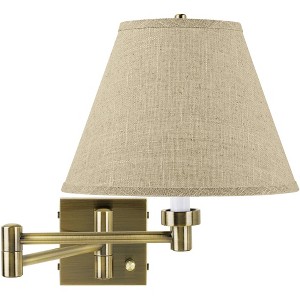 Barnes and Ivy Modern Swing Arm Wall Lamp Antique Brass Plug-In Light Fixture Fine Burlap Empire Shade for Bedroom Bedside Reading - 1 of 4