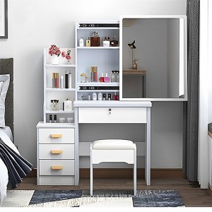 TIRAMISUBEST Fashion Vanity Desk with Mirror and Lights, Vanity Set with Cushioned Stool, Makeup Vanity Table with 4 Drawers and Open Shelves - 1 of 4