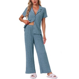 INSPIRE CHIC Women's Turndown Collar Knit Short Sleeve Top with Side Pocket Long Pant Pajamas Set - 1 of 4