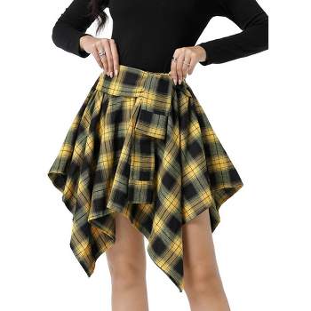 Women's Halloween High Waisted Short A-line Flare Gothic Mini Black Red Plaid Pleated Skirt Dress