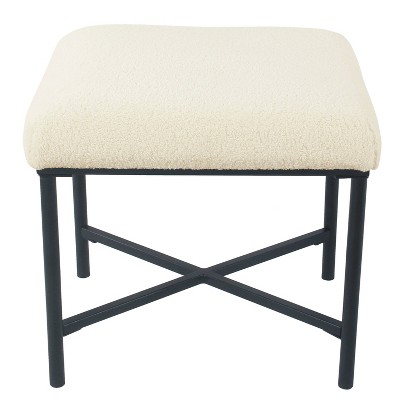 Cream Faux Sheepskin Square Ottoman with Black Metal Base