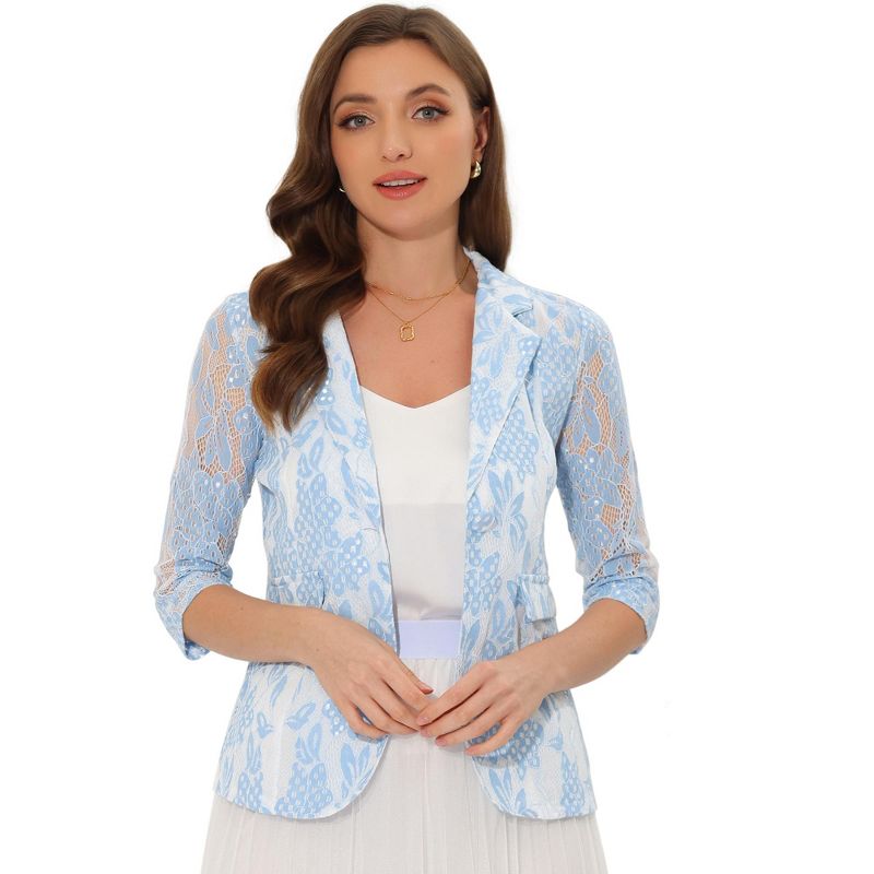 Allegra K Women's Bussiness Casual Blazers Floral Lace 3/4 Sleeve Single Button Elegant Blazer Suits, 1 of 6