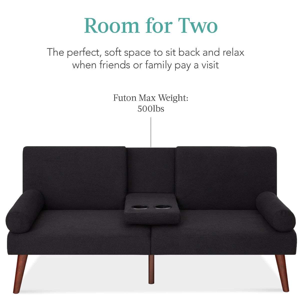 Best Choice Products Fabric Upholstered Convertible Futon w/ Rounded Armrests, Wooden Legs, 2 Cupholders - Black - thumbnail 4