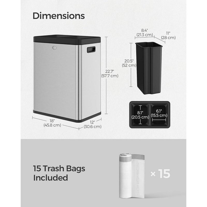 SONGMICS 13.2 Gallon Open Top Trash Can, Dual Compartment Garbage Can, Trash Bin for Office, Restaurant, Commercial Use, Silver, 3 of 8