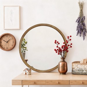 Spassway 24" Walnut Wood Round Mirror Circle Wall Mirror Farmhouse Bathroom Vanity Mirror for Living Room Bedroom Entryway Modern Decoration - 1 of 4