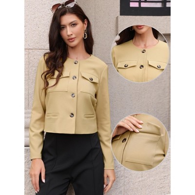 INSPIRE CHIC Women's Button Down Collarless Long Sleeve Round Neck Casual Business Cropped Jacket Medium Khaki — фото 3