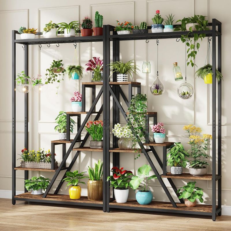 Tribesigns 70.9" Tall Plant Stand, 7-Tier Large Plant Shelf with 5 S-Hooks, Industrial Wood Flower Stand Display Rack, 4 of 10