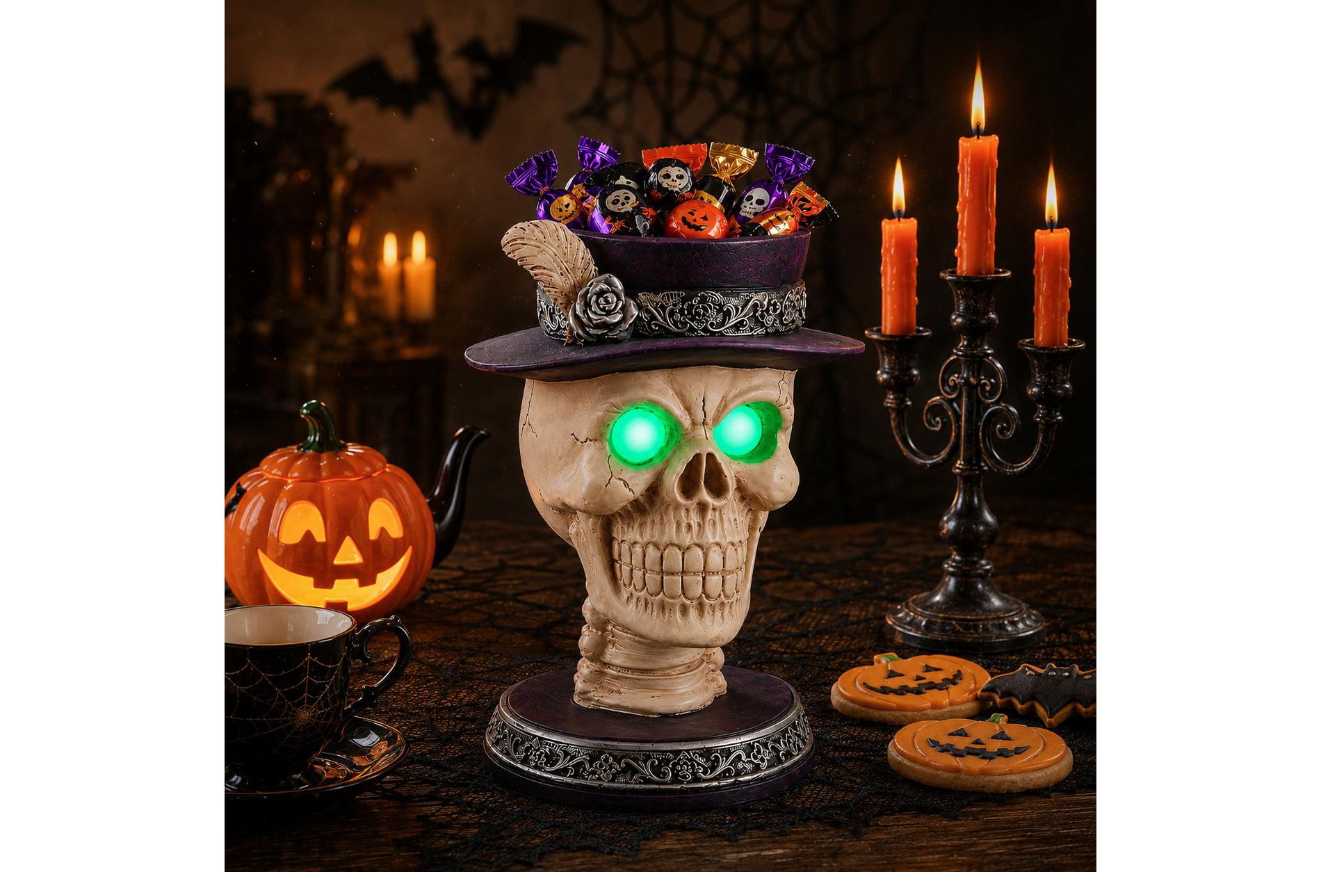 LauKingdom Halloween Skull Candle Holder with Glowing Green Eyes, Gothic Skeleton Head Statue with Top Hat, Resin Tabletop Decor