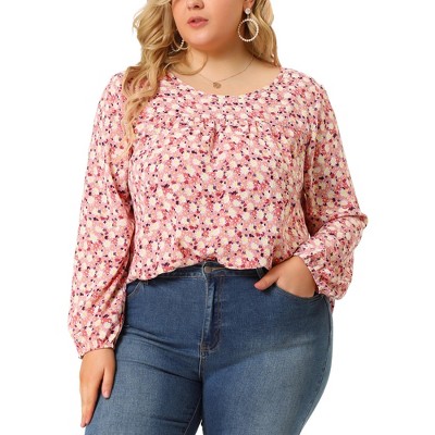 Agnes Orinda Women's Plus Size Ditsy Floral Elastic Cuff Crew Neck Peasant  Blouses Pink 1x : Target