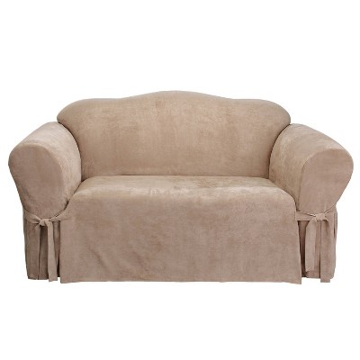 Taupe Stretch Suede Loveseat Slipcover with Side Ties