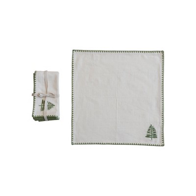 Storied Home Cotton Napkins with Embroidered Tree and Edge, Natural and Green, Set of 4