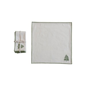 Storied Home Cotton Napkins with Embroidered Tree and Edge, Natural and Green, Set of 4 - 1 of 3