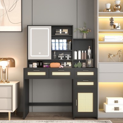 Vanity Desk with 4 Drawers & 1 Cabinets & Shelves, Vanity Table Rattan Vanity Dresser, for Bedroom