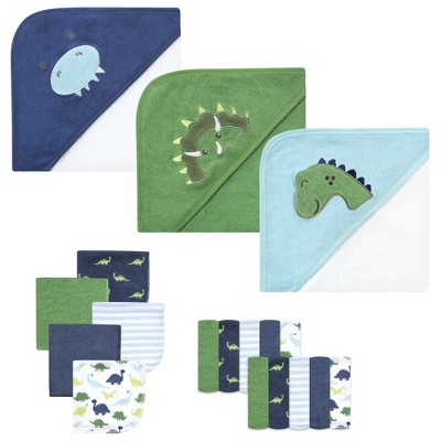Hudson Baby Infant Boy Animal Hooded Towel 3pk and 15 Washcloths, Dinosaur, One Size