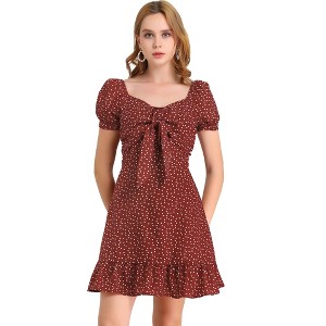 Allegra K Women's Vintage Tie Knot Sweetheart Neck Heart Print A-Line Ruffle Mini Dress - 1 of 4