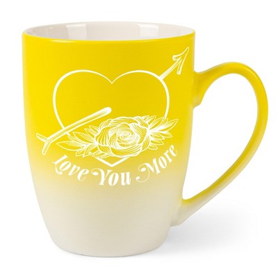 Elanze Designs Romantic Floral Valentines Coffee Cup Mug 12 Ounce Ceramic With Ombre Gradient Love You More Arrow Heart and Rose Yellow and White