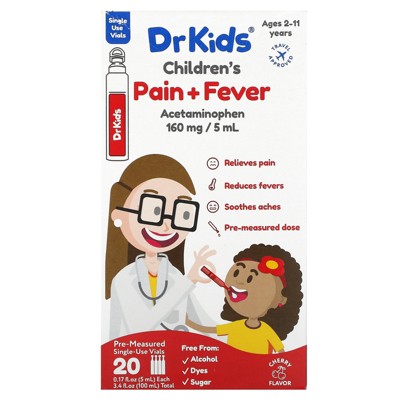 DrKids Children's Pain + Fever, Ages 2-11 Years, Cherry, 20 Pre-Measured Single-Use Vials, 0.17 fl oz (5 ml) Each