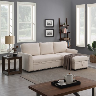 Velvet Sectional Sleeper Sofa Bed Nailhead Trim Couch with Reversible Storage Chaise White - Morden Fort