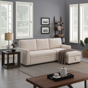 Velvet Sectional Sleeper Sofa Bed Nailhead Trim Couch with Reversible Storage Chaise White - Morden Fort - 1 of 4