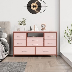 Premium 8-Drawer Dresser TV Stand 55" Wide,Solid Wood Top Console with Built-in Power Outlet &22 Light Modes for Bedroom Organizer,Pink - 1 of 4