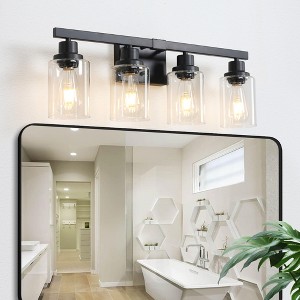 24" Modern Black 4-Light Bathroom Vanity Light Fixture, Industrial Wall Sconce with Clear Glass Shades for Mirror, Bathroom, Bedroom (No Bulbs) - 1 of 4