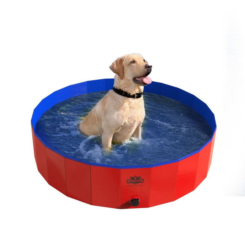Portable Plastic Pool for Dogs - 47-Inch Diameter Foldable Pool with Carrying Bag - Large Pet Pool with Drain for Bathing or Play by PETMAKER (Red), 2 of 4