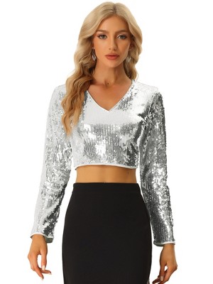 SPARKLE&SHINE Sequin V-Neck Bubble Sleeve Top – Silver Accents