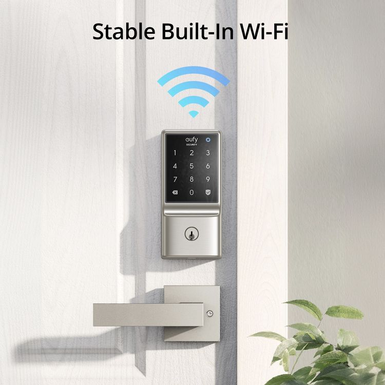 Silver colored smart lock with a keypad and "Stable Built-In Wi-Fi" text above, installed on a light-colored door.