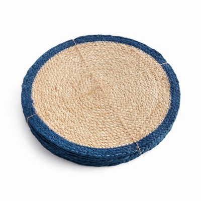 Plum & Post Jute Coil Round Placemats, Set of 8 - Natural/Navy Blue