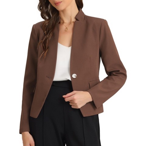 Allegra K Women's Stand Collar Long Sleeve Button Blazer Medium Brown