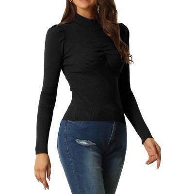 Seta T Womens' Fall Winter High Neck Ruched Front Puff Long Sleeve Casual Sweaters