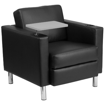Emma and Oliver Black LeatherSoft Tablet Arm Chair, Tall Chrome Legs and Cup Holder