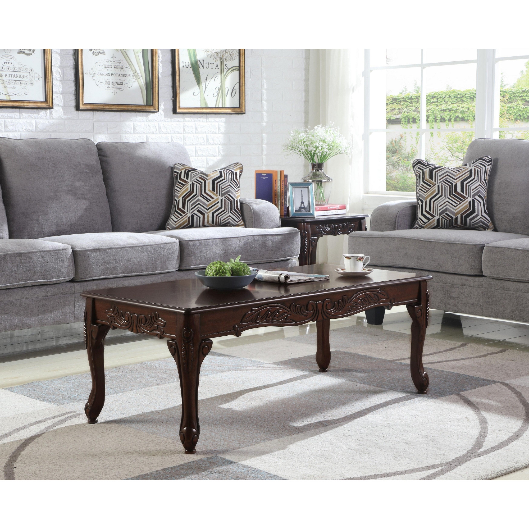 Roundhill Furniture Traditional Ornate Detailing Wood Coffee Table, Dark Cherry Finish