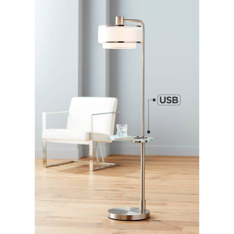 Possini Euro Design Vogue Modern Floor Lamp with Tray Table 60" Tall Brushed Nickel USB Charging Port Organza Outer White Inner Shade for Living Room, 2 of 10