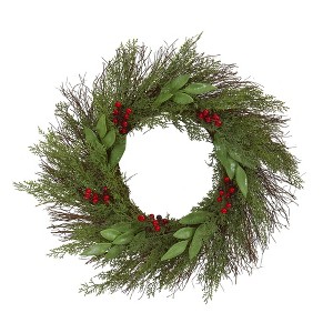 Nearly Natural 20” Cedar and Ruscus with Berries Artificial Wreath - 1 of 2