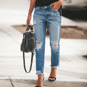 Clearlove Women's Parisian Stretch Denim Trousers Comfort Fit Distressed Detail Relaxed Leg Casual Pants - 1 of 4