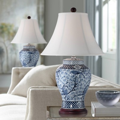 Elegant Blue and White Porcelain Table Lamp Set with Fabric Shade
