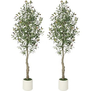 Artificial Olive Tree with Realistic Trunk, Silk Leaves & Fruits in White Pot, Faux Plant for Home or Office Decor - 1 of 4