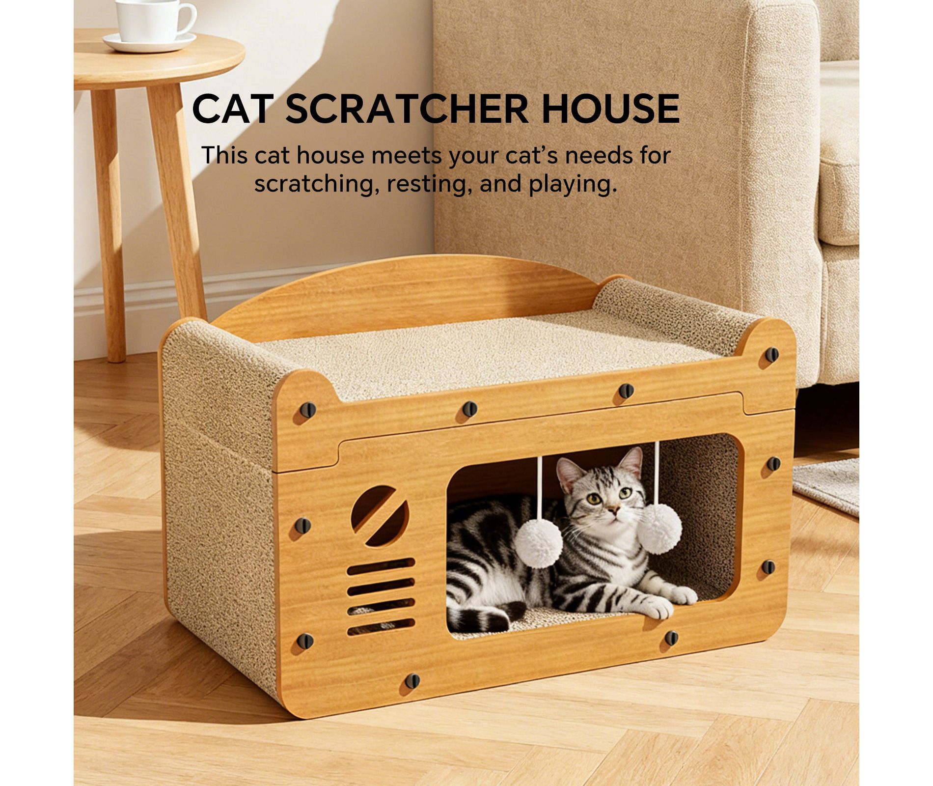 AEELLEEA 2-in-1 Cat Scratcher House with Cozy Bed & Cave, Wooden Scratch Board, Hanging Toy Ball, Durable Hideaway for Cats & Kittens