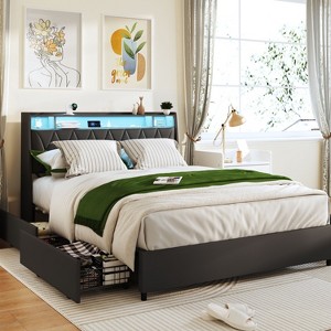 Kumasinova Full/Queen Bed Frame with Headboard,Platform Bed with Charging Station(&LED Lights),Full/Queen Size Bed Frame with Storage Shelf,Noise-Free - 1 of 4