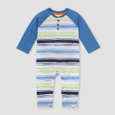Image of Burt's Bees Baby® Boys' Sunshine Watercolor Stripe Henley Jumpsuit - Light Blue 6-9M