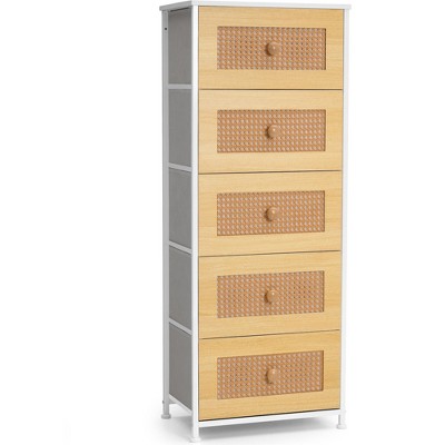 Crestlive Products Vertical Dresser for Bedroom Storage Tower With Steel Frame Wood Top Easy Pull Fabric Bins