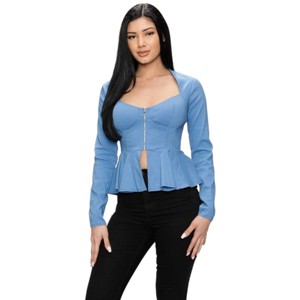 Slickblue Trendy Long Sleeve Ruffle Zip-Up Jacket for Women – Available in Blue, Lavender, Pink, Sizes S-L - 1 of 4